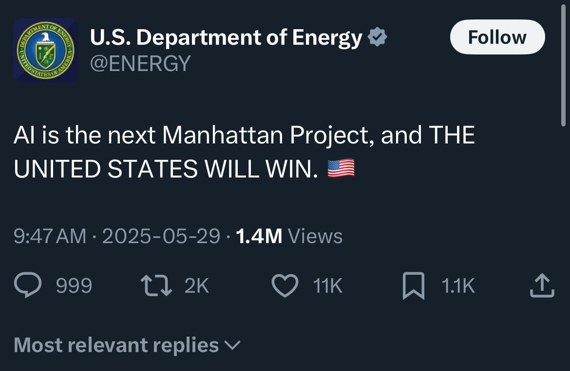 US Department of Energy tweet about AI